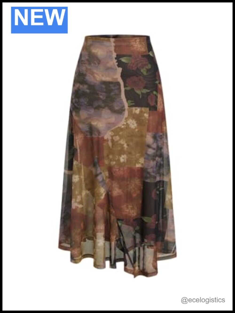 Women's Floral Maxi Skirt Mesh High Waist Asymmetrical